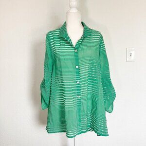 IC by Connie K Green Button Front Burnout Sheer Striped Bamboo Artsy Top Size XL